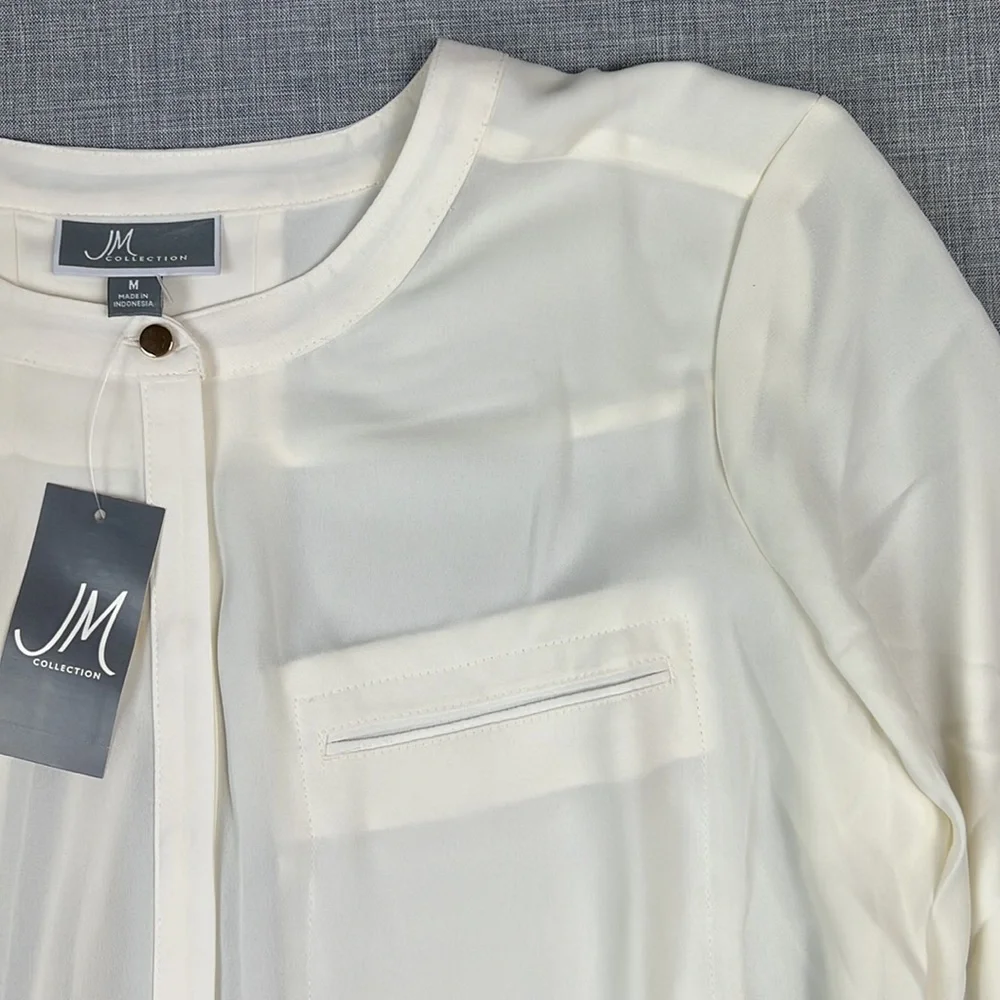 JM Collection Ivory Pleat-Back Semi Sheer Blouse Size Medium - Picture 3 of 6